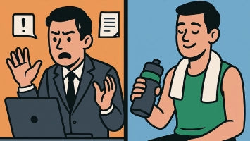 A comparison between a stressed man in a suit, and a calm man in training gear.