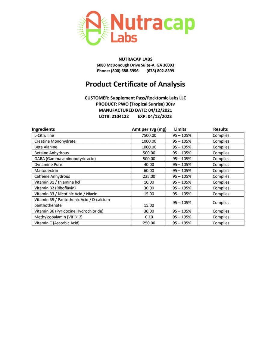 Charge – Pre-Workout  - Tropical Sunrise certificate