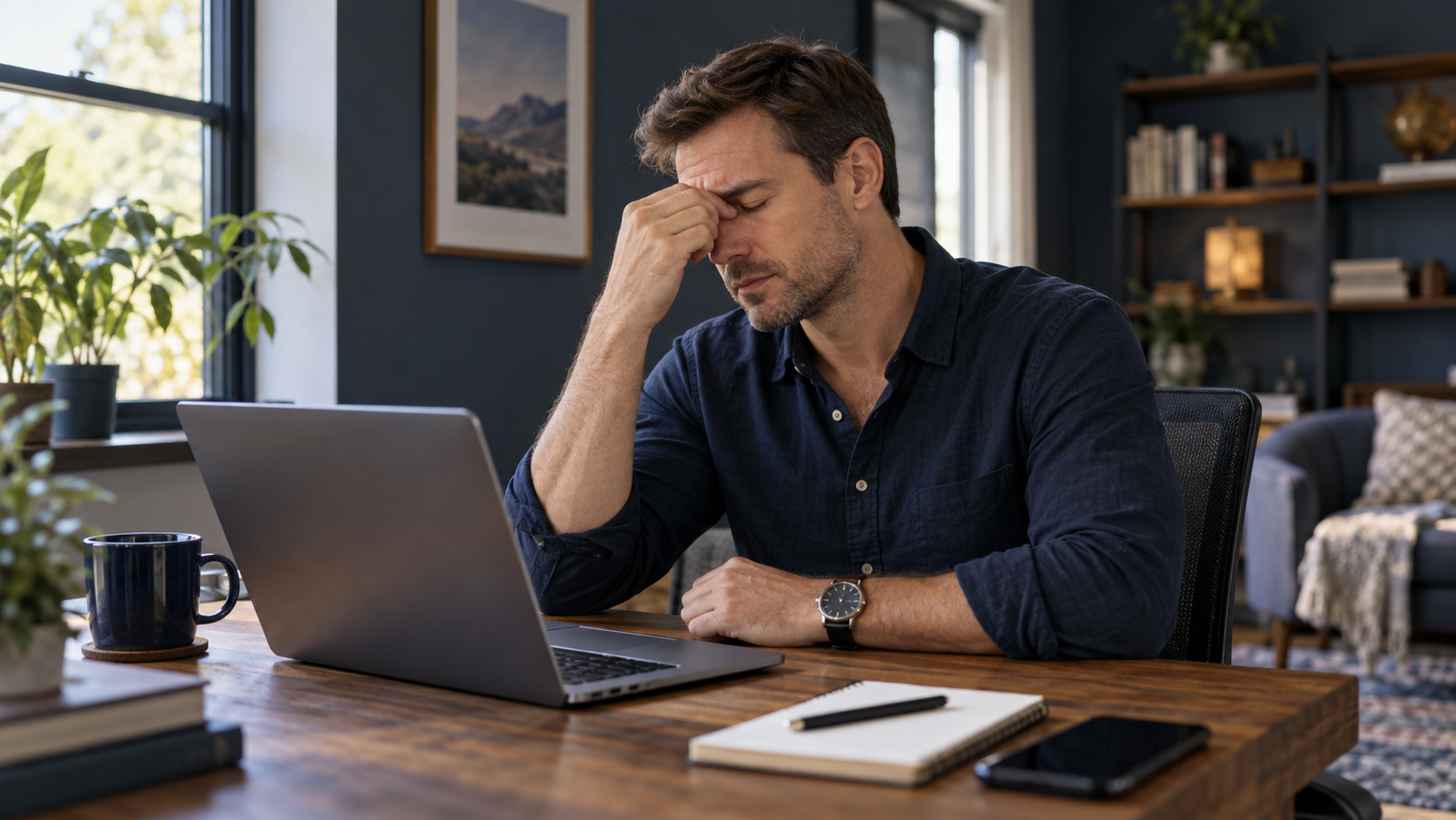 Man taking a tired afternoon pause at his laptop
