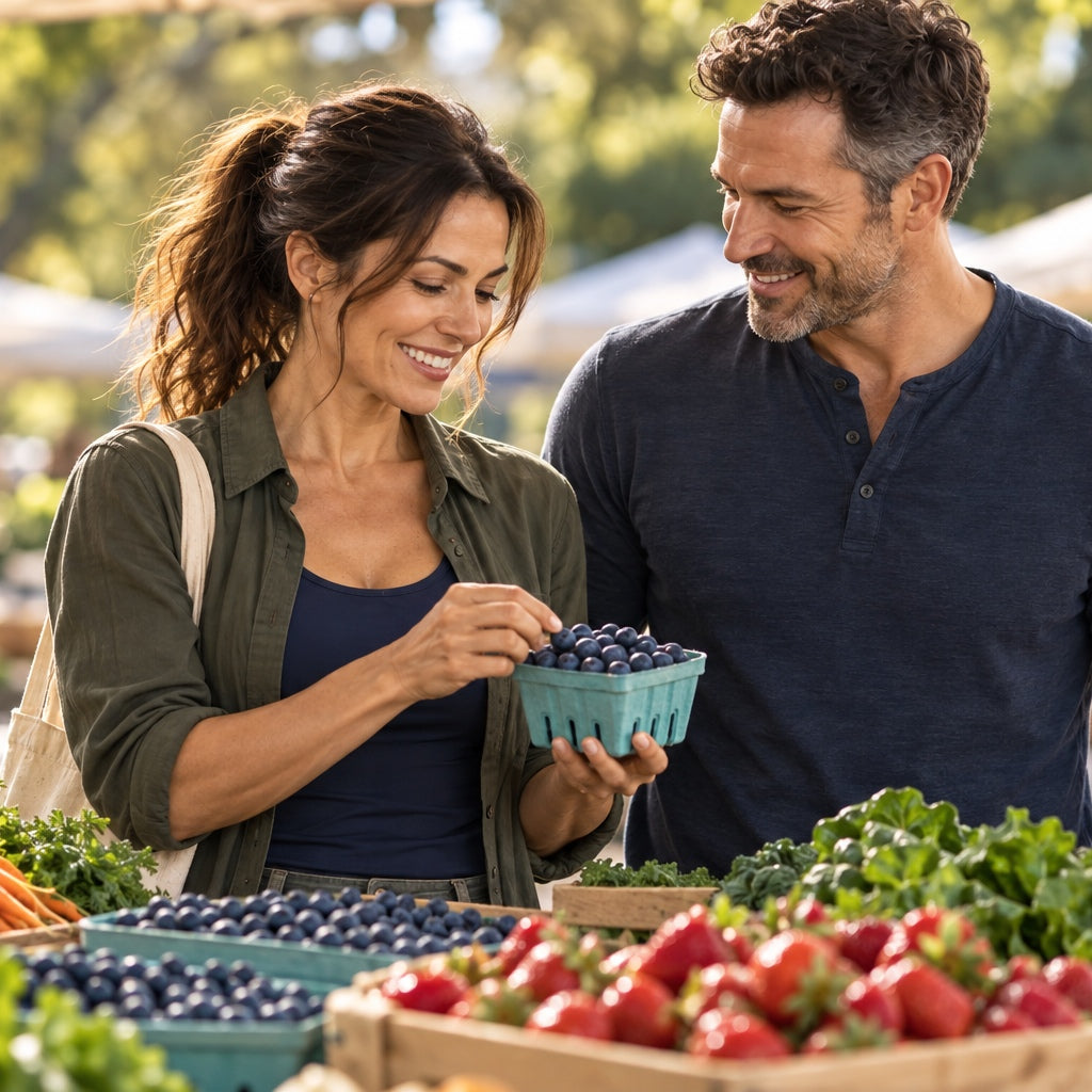 Couple choosing fresh berries and greens at a farmers market