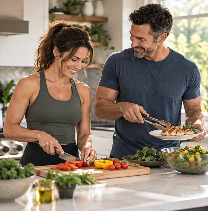 Couple preparing a healthy meal together in a bright kitchen