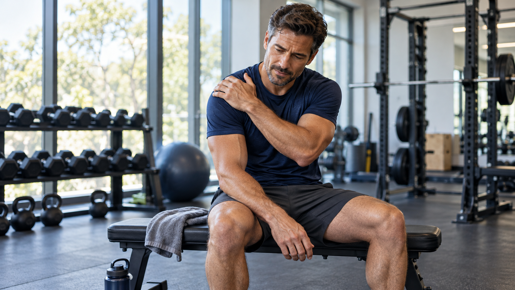 Man resting and massaging his shoulder after a workout
