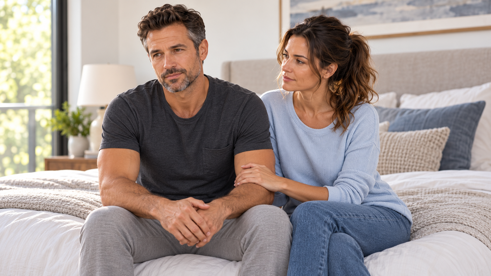 Couple sharing a quiet supportive moment in their bedroom