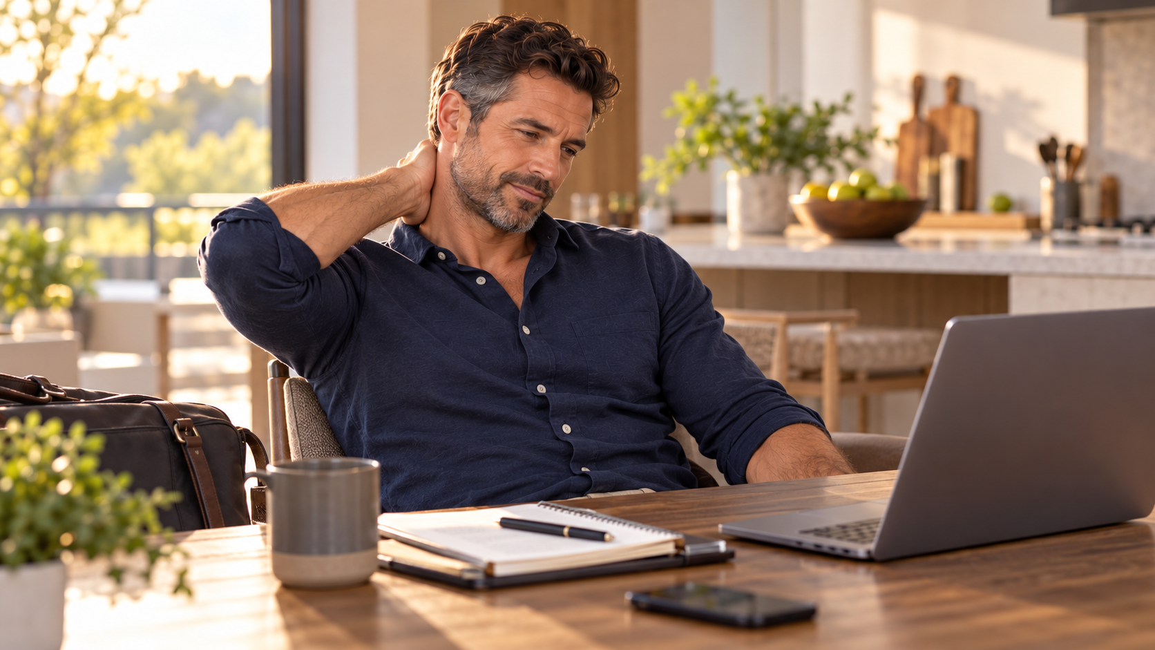 Man taking a break from work and easing tension in his neck