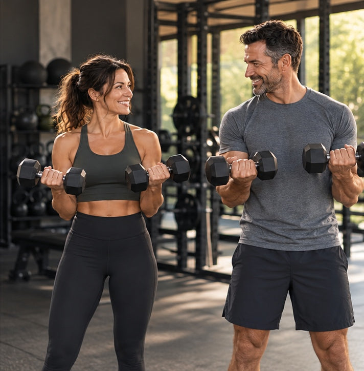 Man and woman strength training with dumbbells in a gym