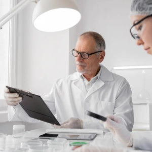 A pharmacist looking at a bottle